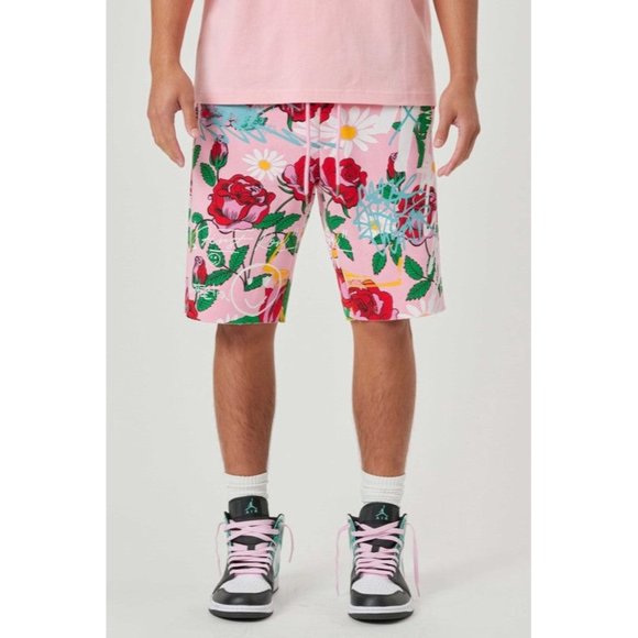 FIRST ROW CASUAL PANTS SHORT SUMER ALLOVER ROSE BLOOM  PRINT - Picture 1 of 9